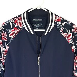 Paisley and Gray Wind Breaker Navy Letterman Style Jacket with Floral Sleeves